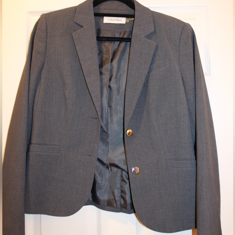 Calvin Klein women’s blazer gray with two button metallic silver (size 10)